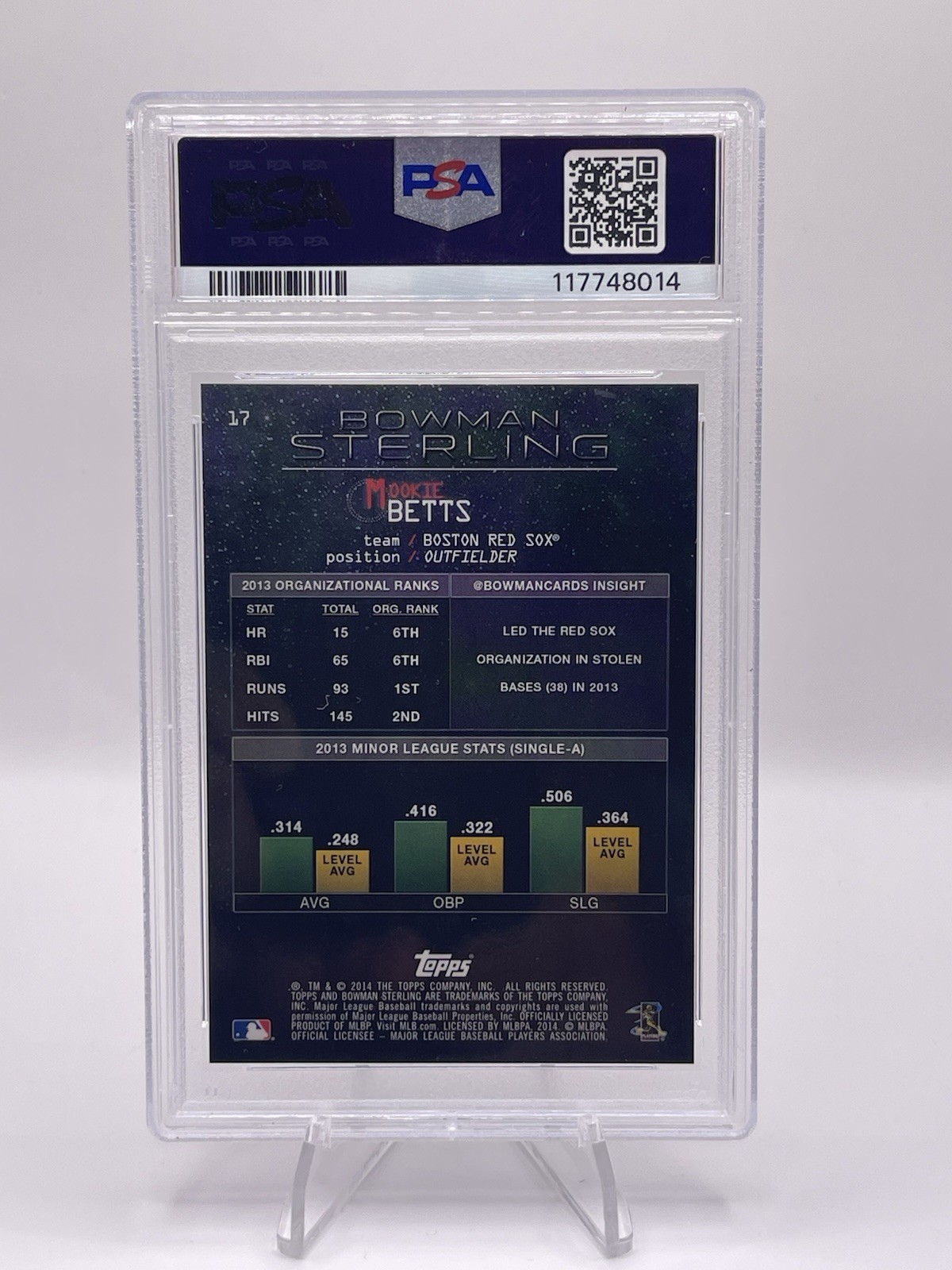 Mookie Betts 2014 Bowman Sterling #17 Rookie (RC) PSA 10 view 2
