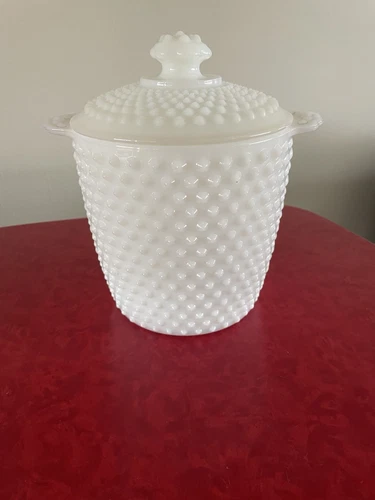 Vintage Anchor Hocking Milk Glass Hobnail Ice Bucket/Cookie Jar With Lid