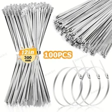 100PCS 12inch Metal  Zip Ties 304 Stainless Steel Heavy Duty Self-Locking Cable