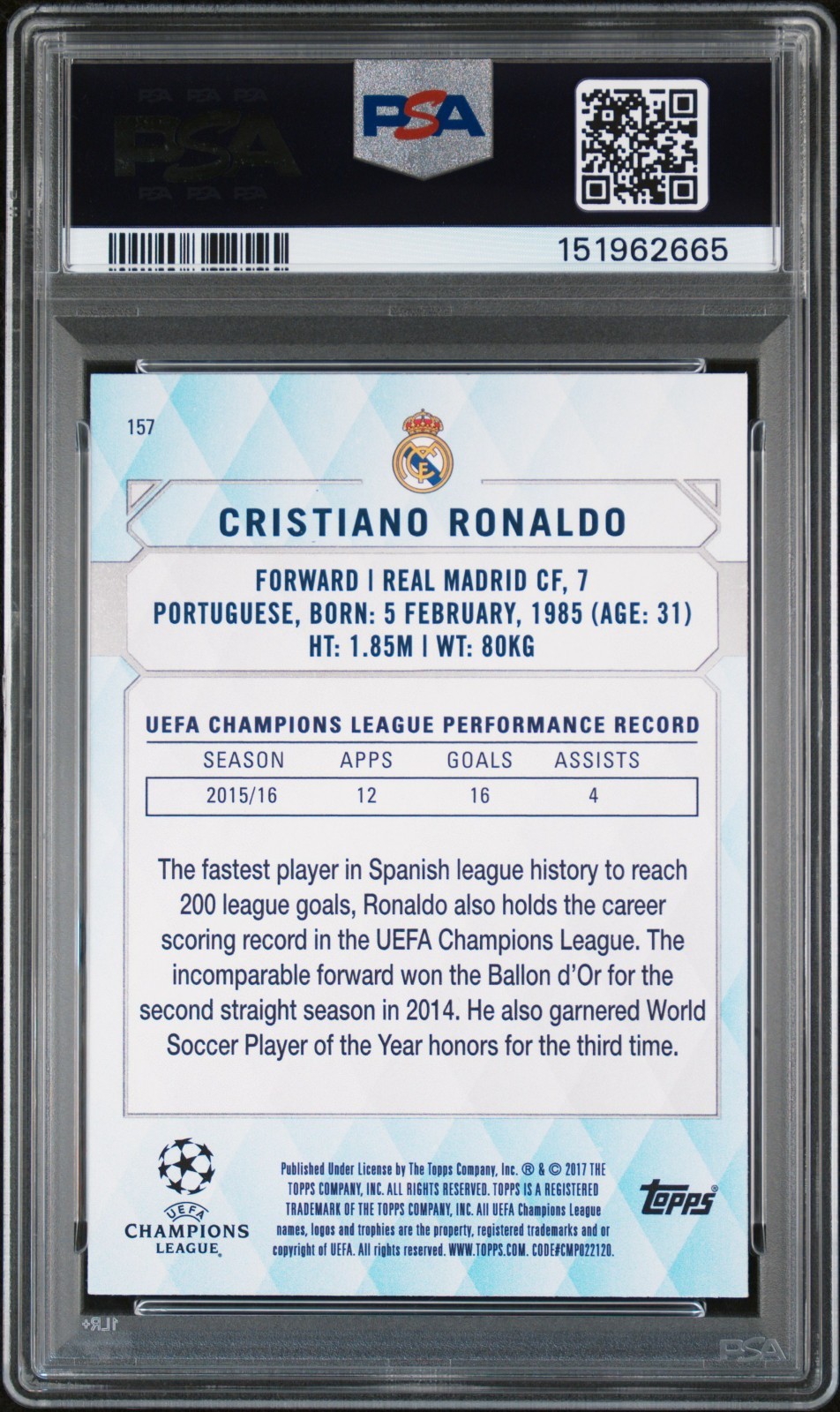 RARE ORANGE Parallel 2016 Topps UCL Showcase Cristiano Ronaldo #157 view 2