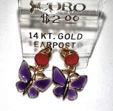 14k Gold Butterfly Earrings Purple Red Enamel