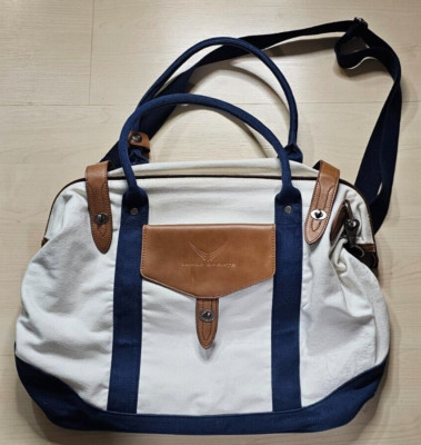 Cutter & Buck Legacy Cotton Canvas Boat Tote Leather Antique Nickel Cream Blue