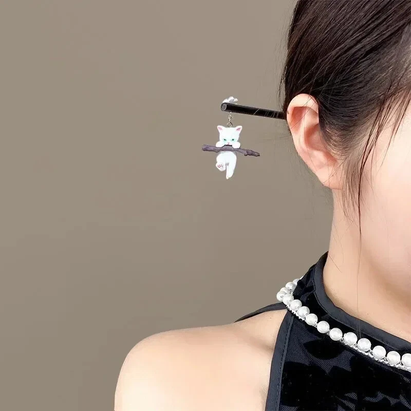 Black Ebony Wooden Hair Sticks Chinese Style Cat Pendant Hairpin Hanfu Qipao - Image 2 of 4