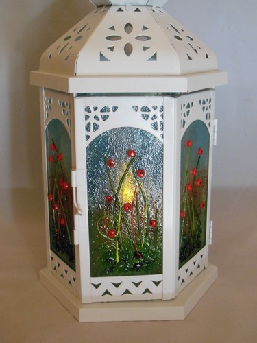 poppies, fused glass large bowl and lantern. Handmade. MTO - Picture 11 of 22