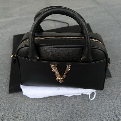 Versace Virtus Top Handle Crossbody Bag Black Grainy Calf Leather NWT $1775