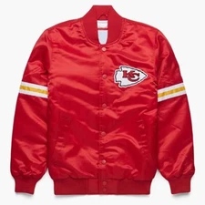 Men's Varsity Red Satin Full-Snap Letterman Bomber League Jacket