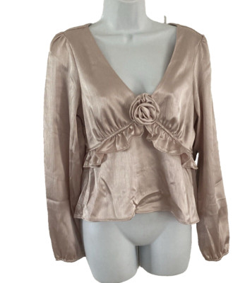 Moa Moa Women's Blouse Size M Long Sleeve Peplum Top Low Cut Satin Rose NWT