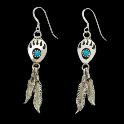 Indianerschmuck Ohrringe Türkis Bärentatze Silberfedern Westernschmuck Navajo