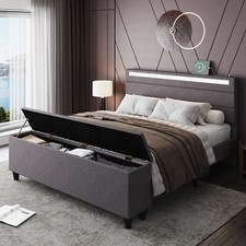 Full/Queen Bed Frame with Upholstered Headboard with LED Lights and USB Ports