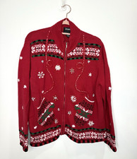 VTG Designer Originals Large Petite Christmas Cardigan 3D Knit Holiday Red Zip