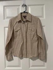 Cowgirl Up Tan Metallic Snap Up Long Sleeve Western Style Top Shirt Sz S EUC