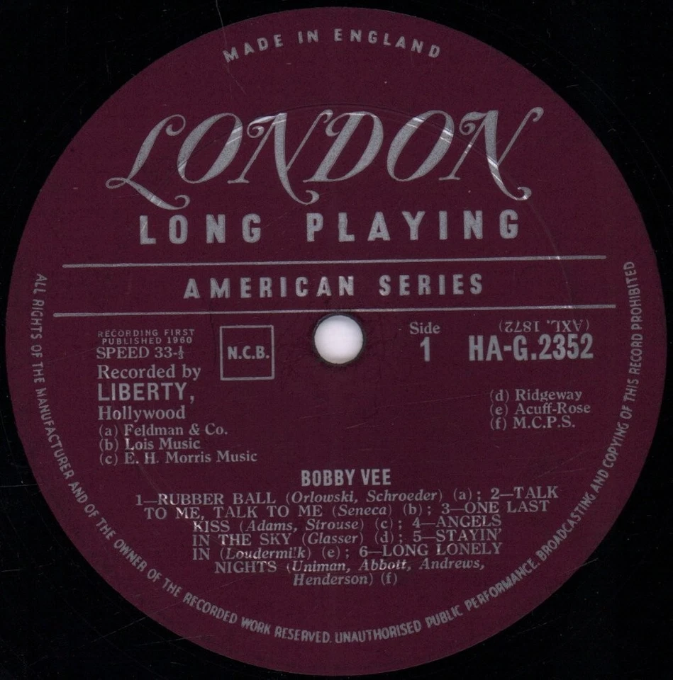 Bobby Vee Self-Titled LP vinyl UK London 1961 mono pressing HAG2352 - Image 3 of 3