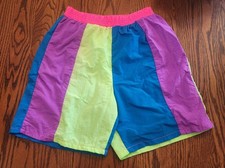 Vintage Boys Surf Bust'r Neon Colorblock Swim Trunks Large USA Made