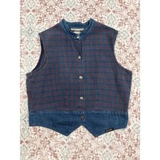 Vintage Rockies Denim Vest Plaid Western Mock Neck Made in USA Blue Red Medium