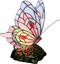 Tiffany Pink Butterfly Stained Glass Table Lamp Small Accent Light 7x5x9.8"