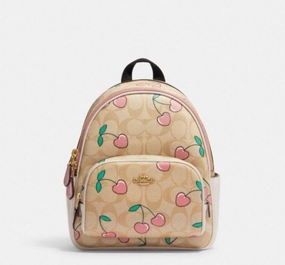NWT Coach Mini Court Backpack In Signature Canvas Leather With Cherry Print