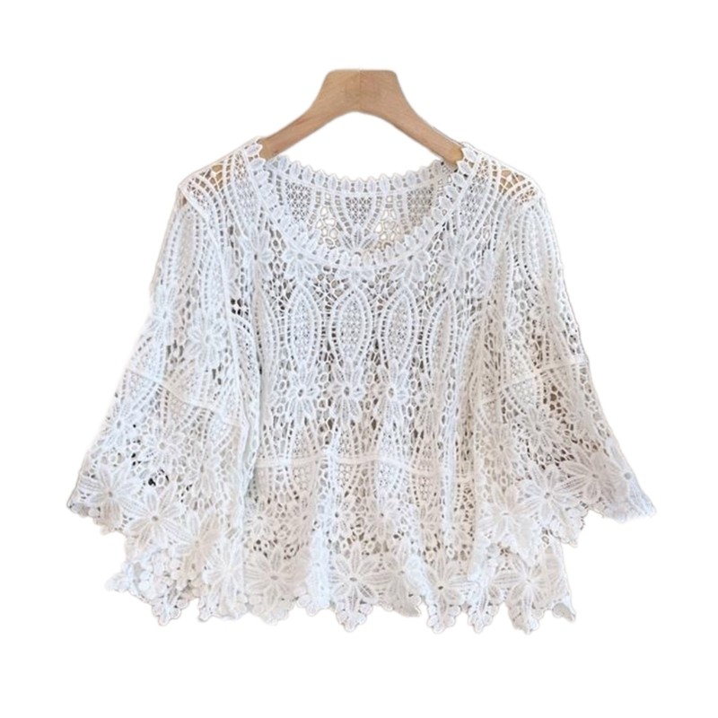 Women s Crochet Beach Swimsuits Cover Up Hollow Out Mesh Long Sleeve Shirt Tops