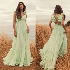 MAC DUGGAL Light Green Ruffle Tiered Cut-Out Chiffon Gown Size 6 NWT
