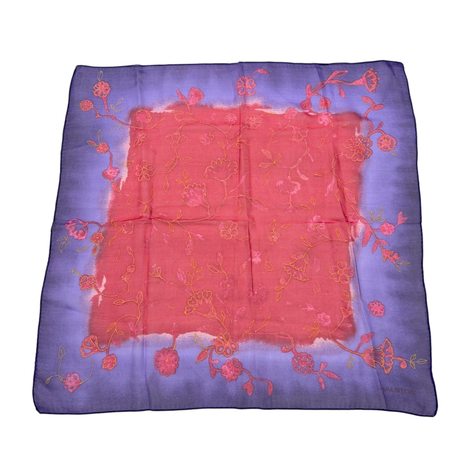 Halston Silk Scarf Red Purple Square Vintage Sheer Floral 20 x 21