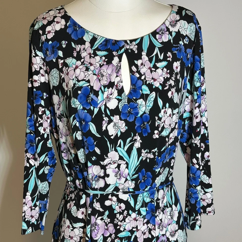 Liz Claiborne Multi Floral Print 3/4 Sleeve Keyhole Tie Belt Dress Womens Sz XL - Image 2 of 4