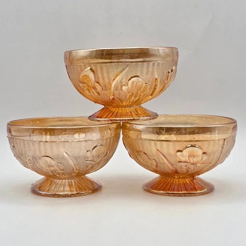 Set 3 Jeannette Iris & Herringbone Marigold Carnival Glass Footed Sherbet Bowls