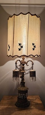 Vintage MCM Hollywood Regency Loevsky Brass & Crystal Lamp w/ Cherub Centerpiece