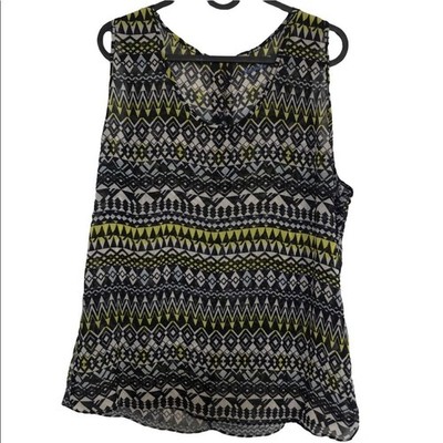 Lranvlee Geometric Tribal Print Sleeveless Top Lime Green Black White LJK630M
