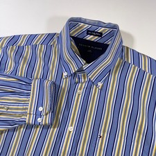 Tommy Hilfiger Mens Blue Yellow Striped 80s 2 Ply Button Down Shirt Size L