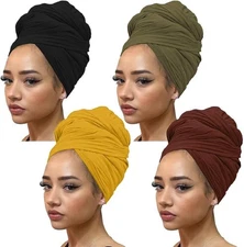 Kachanaa 4 Pieces Solid Color Stretch Knit Head Wrap Extra Long African