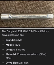 Carlyle 6" EXT 1206 CR-V 3/8”  Drive Socket Extension Bar By Napa Tools USA