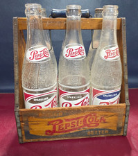 Paquete de seis botellas de madera vintage Pepsi Cola doble punto de madera 6 botellas