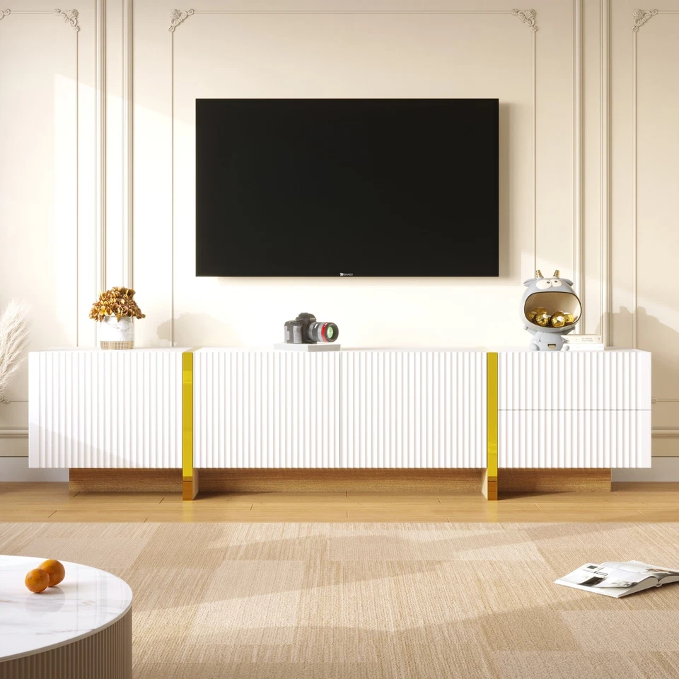 190 cm Lowboard TV Schrank Board mit 2 Schubladen Fernsehschrank Weiß Gold 3 Tür - Bild 2 von 4