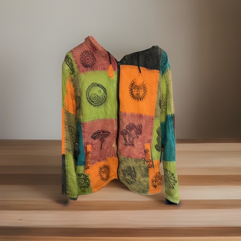 Vintage Nepal 100% Cotton Patchwork Zip Jacket Unisex MEDIUM  Fleece Lined