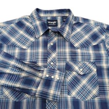 Wrangler Western Shirt Plaid Pearl Snap Long Sleeve Cowboy Blue Size XL