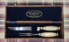 FM Eagle Theme Ornate Handle Carving Set Knife & Prong Fork In Woodtone Box