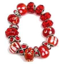 Child's Small Red Beaded Bracelet Silver Tone Glass Rhinestone Flowers Elastic