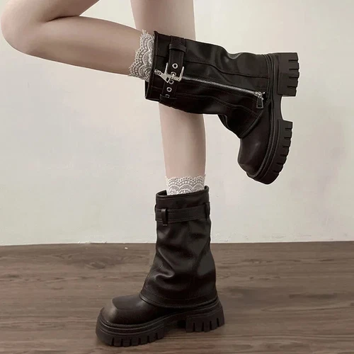 Biker Boots Belt Buckle Elegant Platform Flats Short Boots Fashion Casual Knight - Bild 6 von 26