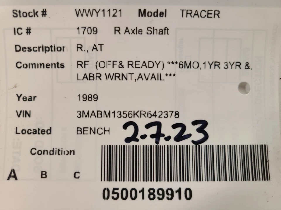 Eje de transmisión derecho usado se adapta a: Mercury Tracer R 1989. AT grado derecho A Foto 4 de 4