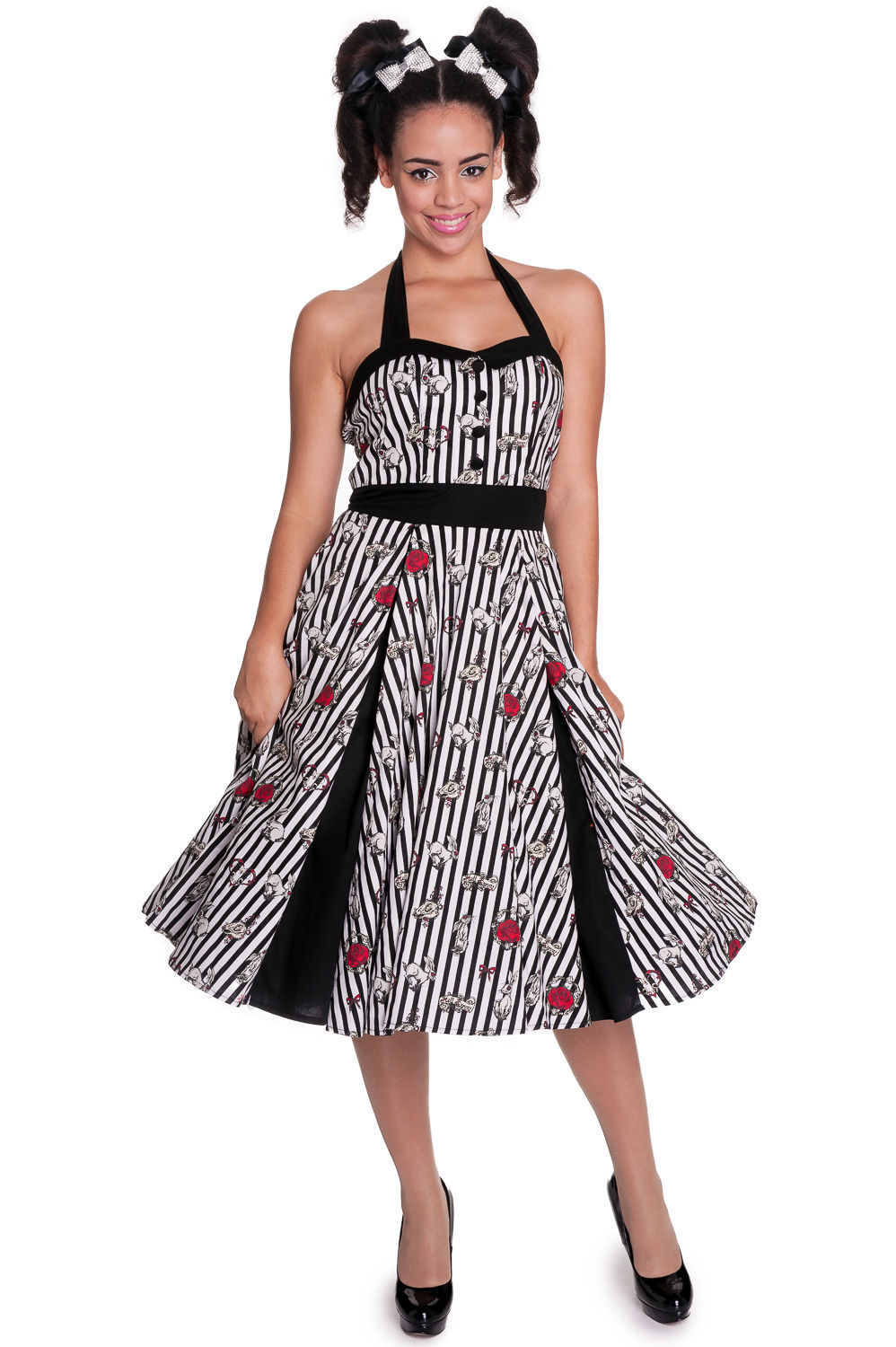 HELL BUNNY Black u0026 White Striped Rockabilly 50s Swing Rabbits u0026 Roses Toto  Dress | eBay