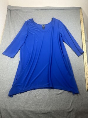 Clara Sun Woo Slinky Asymmetrical Hem Tunic Top Blue S Blouse Stretch 3/4
