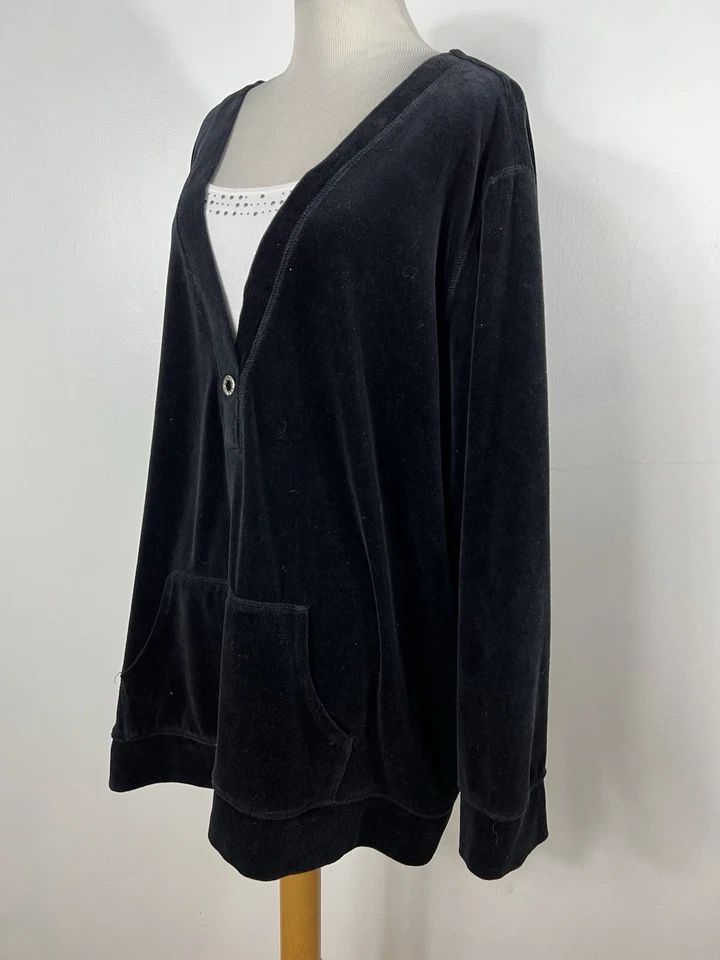 Liz & Me 3X 衬衫上衣黑色丝绒装饰袋鼠口袋长袖 A2 — 第 4/4 张图片