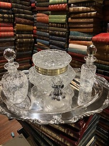 ABP: CUT GLASS HINGED JEWELRY BOX: SILVER TRAY: 3 CUT COLOGNES: SINCLAIRE