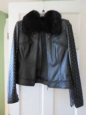 Cache leather jacket with studs and removable fur collar size 4 for women