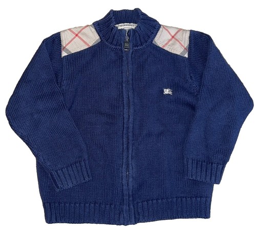 NEW BURBERRY Navy Blue 100% Cotton Full Zip Sweater w/ Shoulder