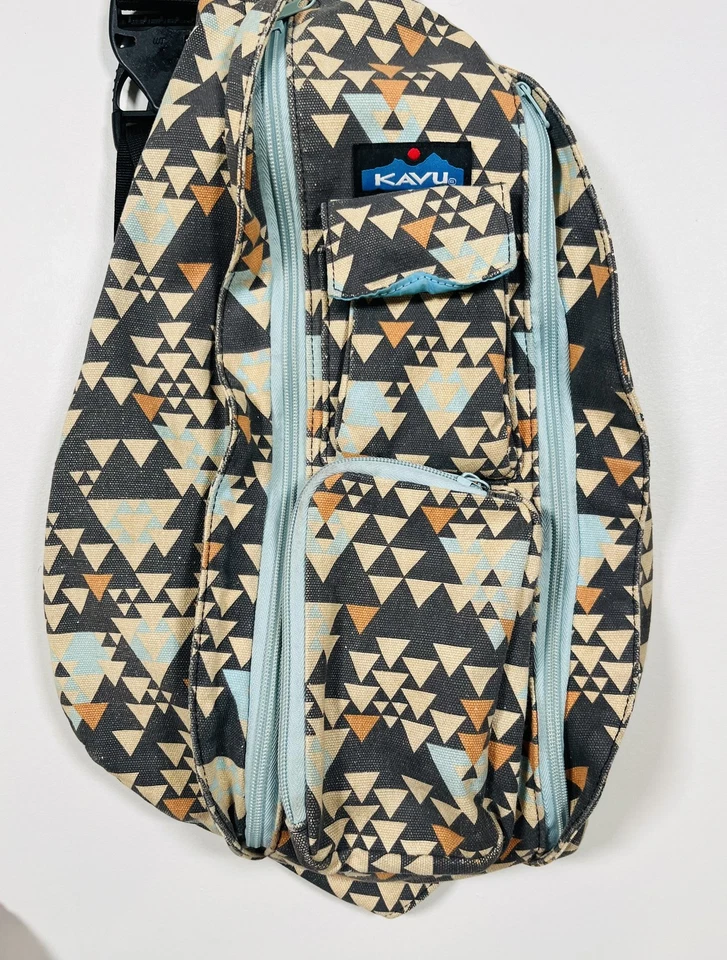 Kavu Rope Bag Sling Backpack Womens Black Blue Gray Triangle Pattern Outdoors - Image 3 of 4