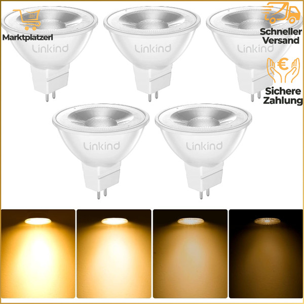 LED Lampe GU5.3 Dimmbar 5,5W 2700K Warmweiß 12V MR16 Reflektor 36° 5 StüCk-image