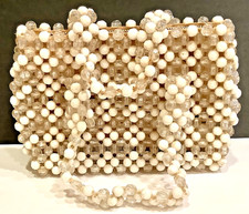 1950s Large Bead Purse Vintage CLEAR  WHITE Hand Woven Big Beads