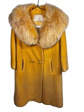 Vintage Lilli Ann Paris Mustard Yellow Wool Coat Fox Fur Shawl Collar 1950s 60s