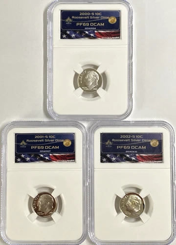 2000 2001 2002-S SILVER Roosevelt Dime Proof lot PF69 DCAM 10C