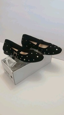 Studded Mary Jane Flats Black Buckle Strap Women's Size 5